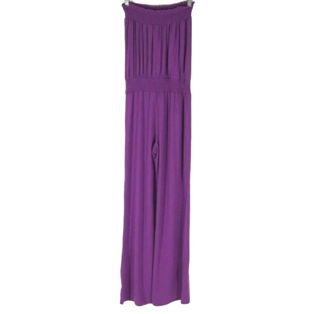 No Boundaries Strapless Jumpsuit Women XS Purple Smocked Waist Wide Leg‎